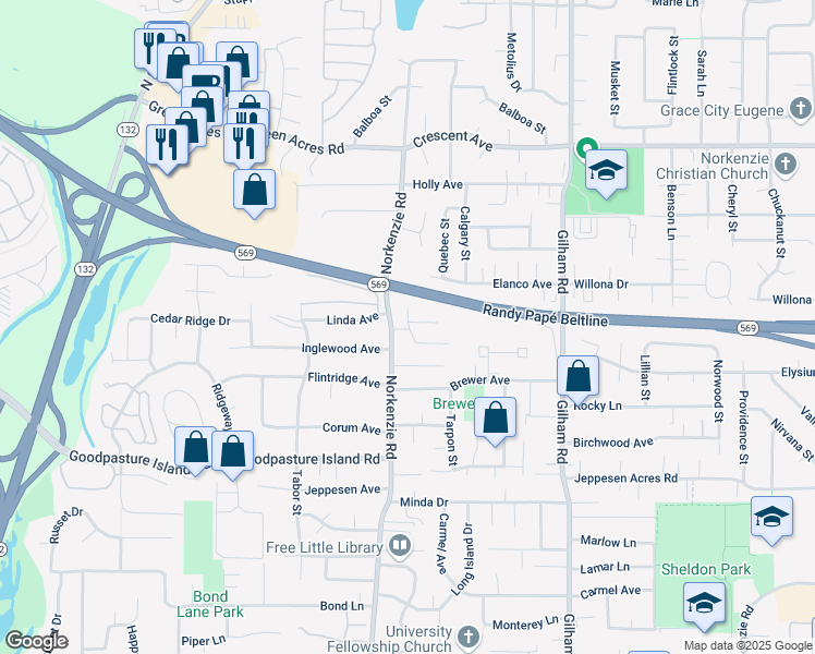 map of restaurants, bars, coffee shops, grocery stores, and more near 2253 Donovan Drive in Eugene