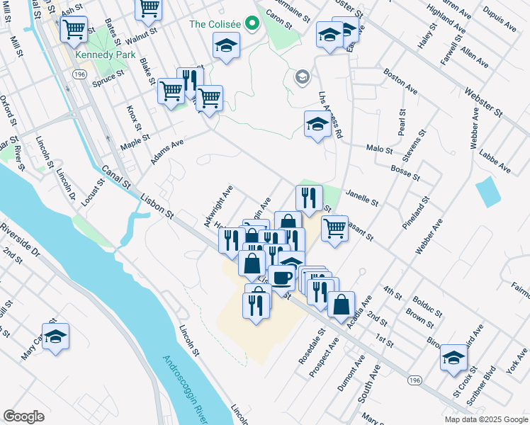 map of restaurants, bars, coffee shops, grocery stores, and more near 68 Androscoggin Avenue in Lewiston