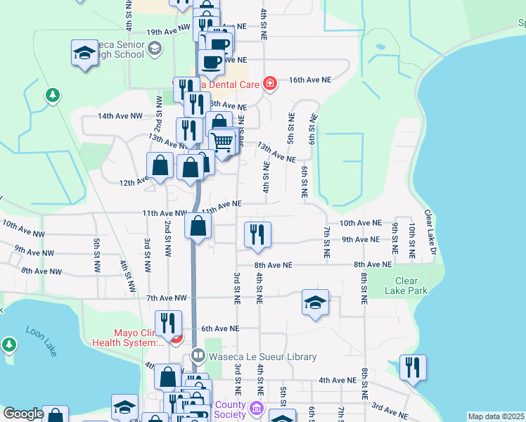 map of restaurants, bars, coffee shops, grocery stores, and more near 400 11th Avenue Northeast in Waseca
