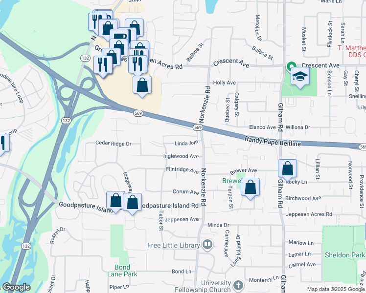 map of restaurants, bars, coffee shops, grocery stores, and more near 1490 Linda Avenue in Eugene