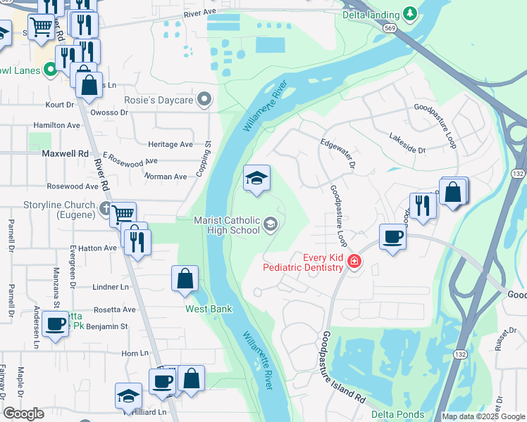 map of restaurants, bars, coffee shops, grocery stores, and more near 1900 Kingsley Road in Eugene