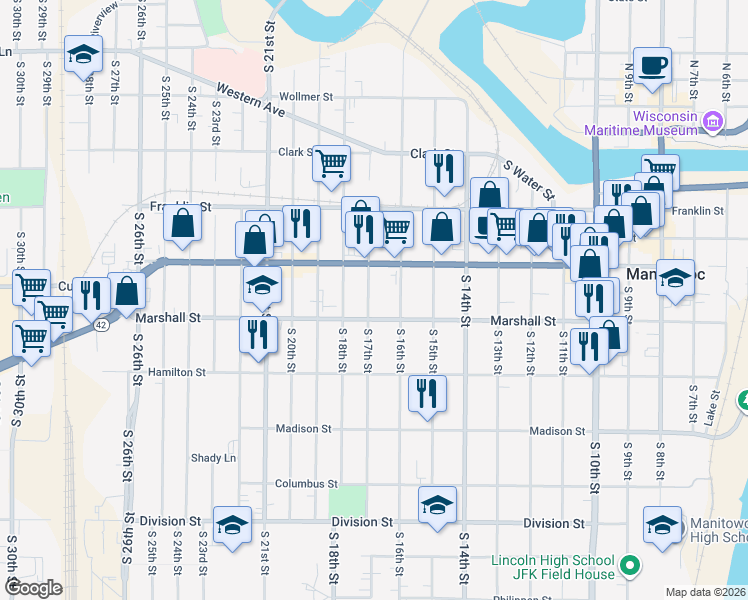 map of restaurants, bars, coffee shops, grocery stores, and more near 1022 South 17th Street in Manitowoc