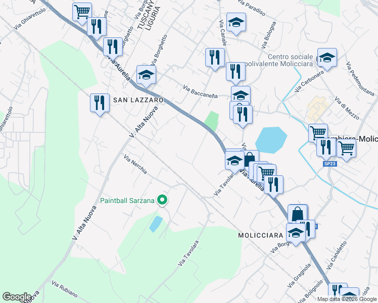 map of restaurants, bars, coffee shops, grocery stores, and more near in Sarzana