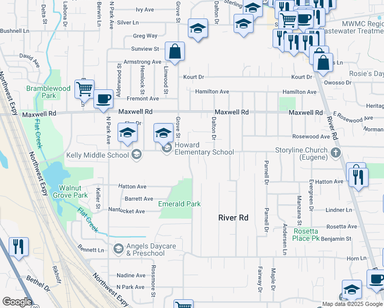 map of restaurants, bars, coffee shops, grocery stores, and more near 1495 Lake Drive in Eugene