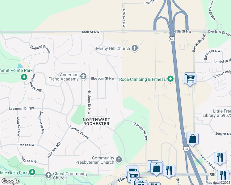 map of restaurants, bars, coffee shops, grocery stores, and more near 6123 Jonathan Lane Northwest in Rochester