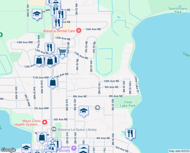 map of restaurants, bars, coffee shops, grocery stores, and more near 610 11th Avenue Northeast in Waseca