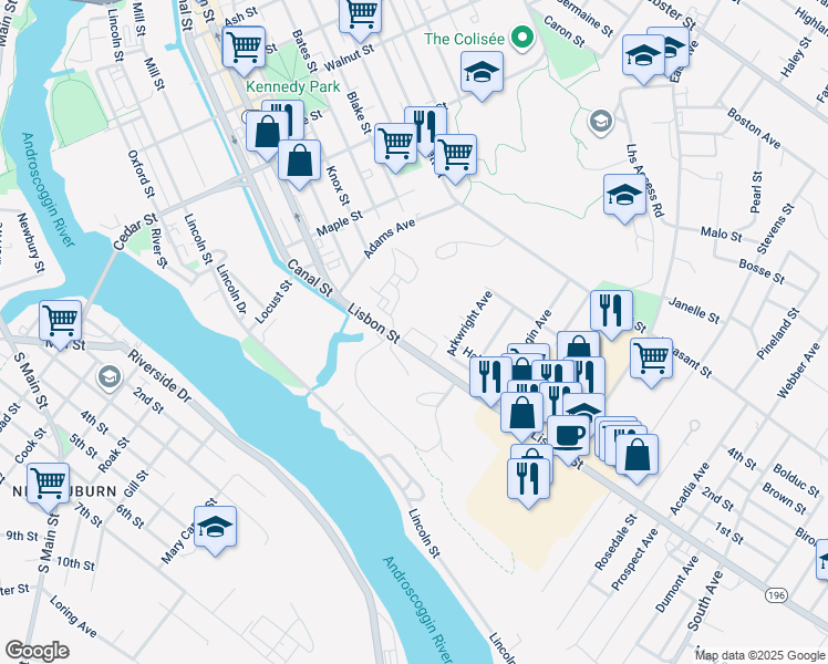 map of restaurants, bars, coffee shops, grocery stores, and more near 3 Garnett Avenue in Lewiston