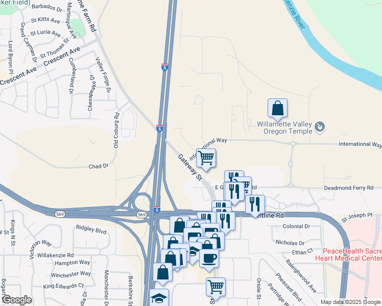 map of restaurants, bars, coffee shops, grocery stores, and more near 158 International Way in Springfield