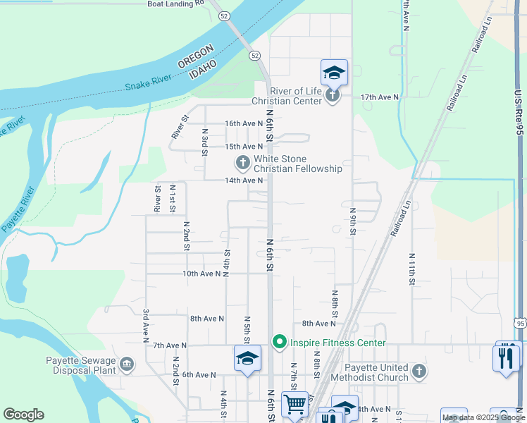map of restaurants, bars, coffee shops, grocery stores, and more near 1231 North 6th Street in Payette