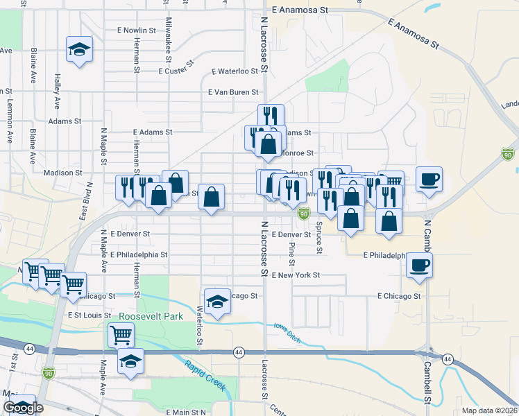 map of restaurants, bars, coffee shops, grocery stores, and more near 606 East North Street in Rapid City