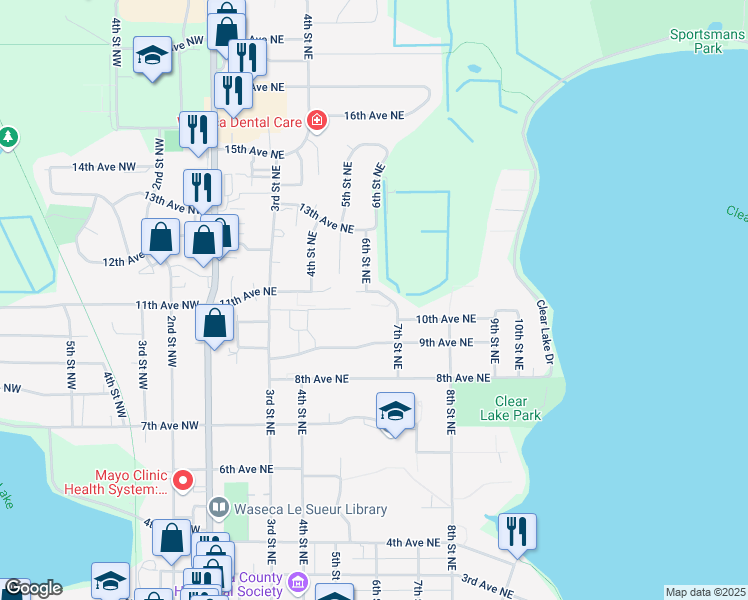 map of restaurants, bars, coffee shops, grocery stores, and more near 610 11th Avenue Northeast in Waseca