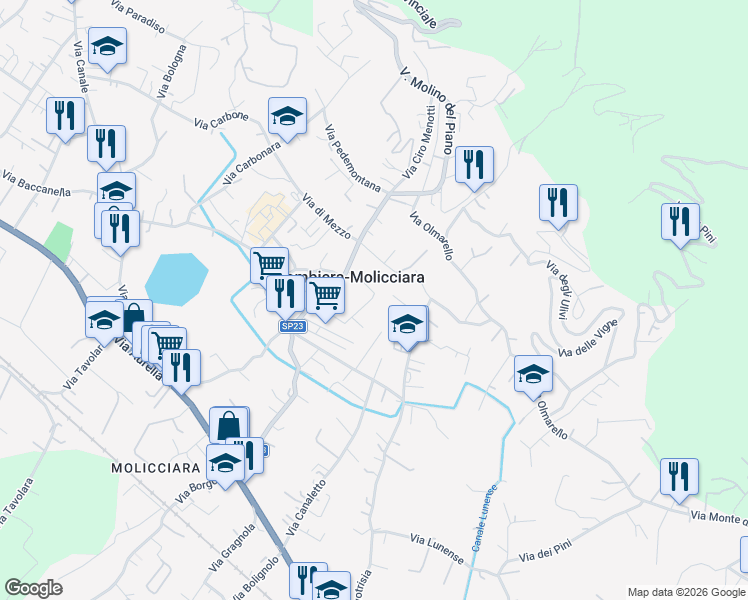 map of restaurants, bars, coffee shops, grocery stores, and more near 24 Via Salicello 1 Traversa in Colombiera-Molicciara