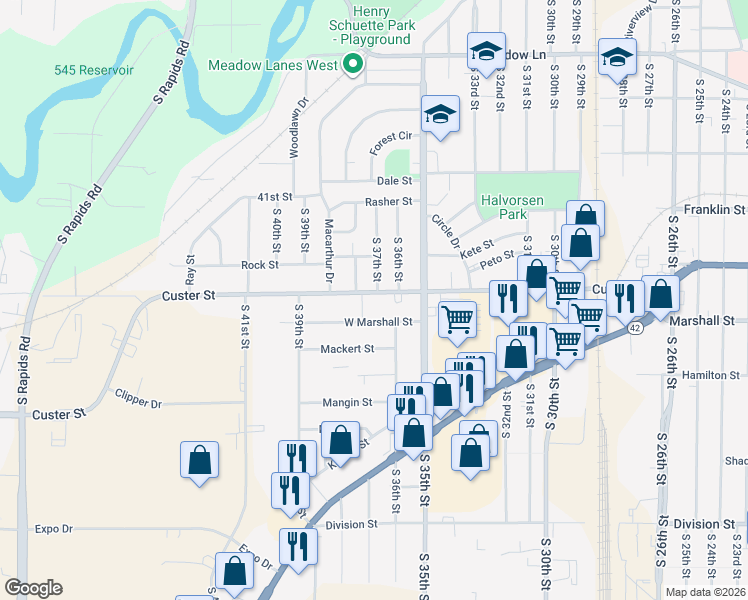 map of restaurants, bars, coffee shops, grocery stores, and more near 3617 Custer Street in Manitowoc