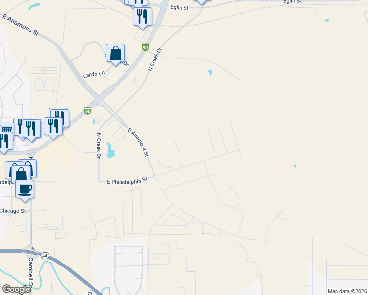 map of restaurants, bars, coffee shops, grocery stores, and more near 701 North Creek Drive in Rapid City