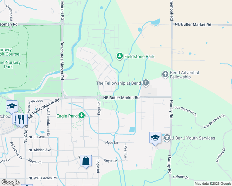 map of restaurants, bars, coffee shops, grocery stores, and more near 21444 Northeast Butler Market Road in Bend