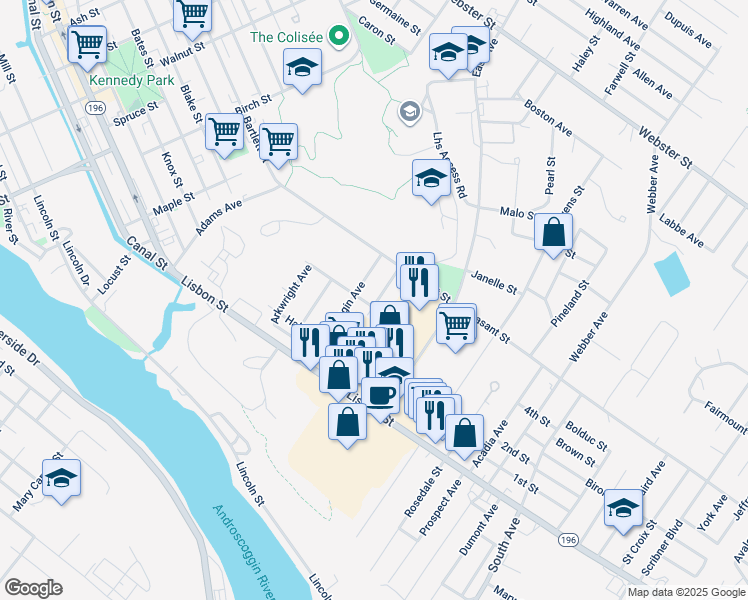 map of restaurants, bars, coffee shops, grocery stores, and more near 85 Cumberland Avenue in Lewiston
