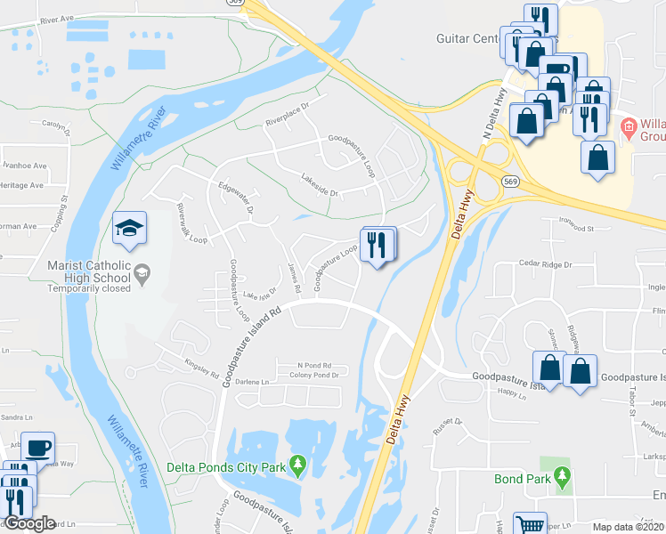 map of restaurants, bars, coffee shops, grocery stores, and more near 4820 Goodpasture Loop in Eugene