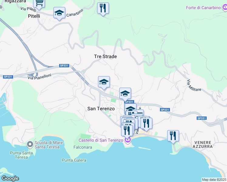 map of restaurants, bars, coffee shops, grocery stores, and more near 9 Via Gozzano in Lerici