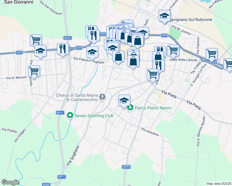 map of restaurants, bars, coffee shops, grocery stores, and more near 18 Via Sogliano in Savignano sul Rubicone