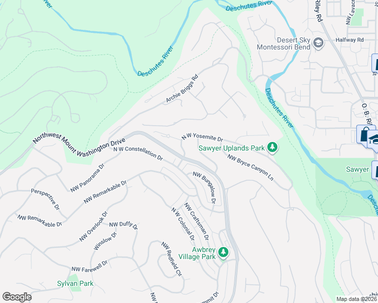 map of restaurants, bars, coffee shops, grocery stores, and more near 1021 North West Yosemite Drive in Bend