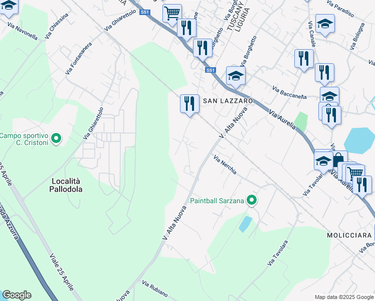 map of restaurants, bars, coffee shops, grocery stores, and more near 117 Via Alta in Sarzana