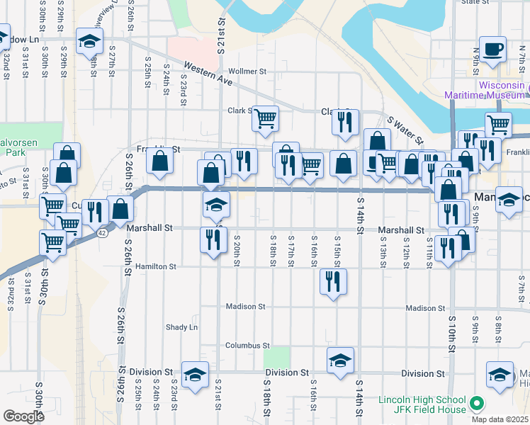 map of restaurants, bars, coffee shops, grocery stores, and more near 1021 South 19th Street in Manitowoc