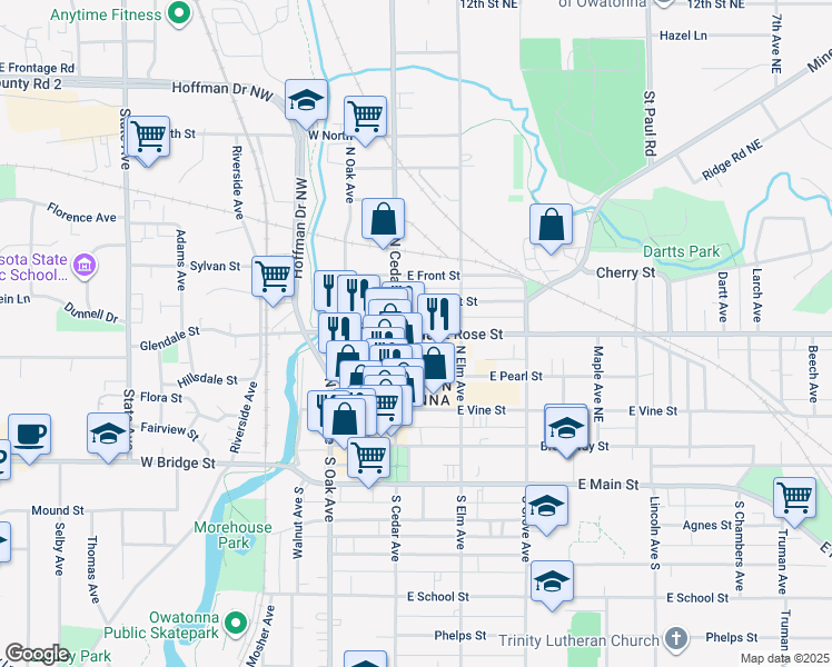 map of restaurants, bars, coffee shops, grocery stores, and more near 120 East Rose Street in Owatonna