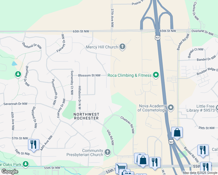 map of restaurants, bars, coffee shops, grocery stores, and more near 6126 Jonathan Lane Northwest in Rochester