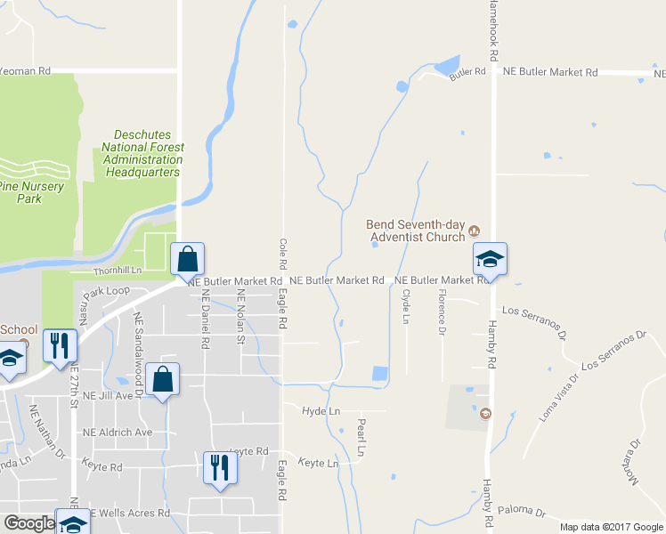 map of restaurants, bars, coffee shops, grocery stores, and more near 21444 Northeast Butler Market Road in Bend