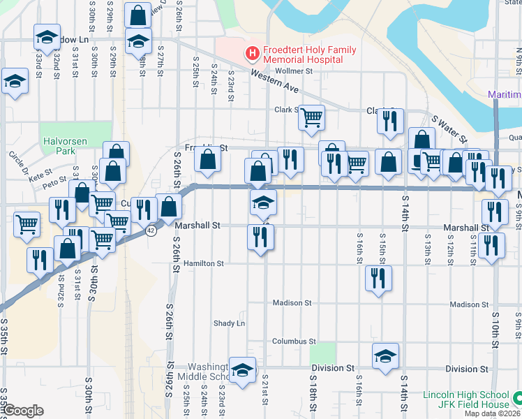 map of restaurants, bars, coffee shops, grocery stores, and more near 1026 South 21st Street in Manitowoc
