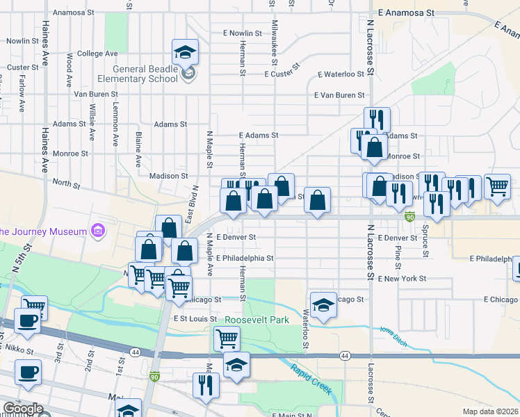 map of restaurants, bars, coffee shops, grocery stores, and more near 210 East North Street in Rapid City