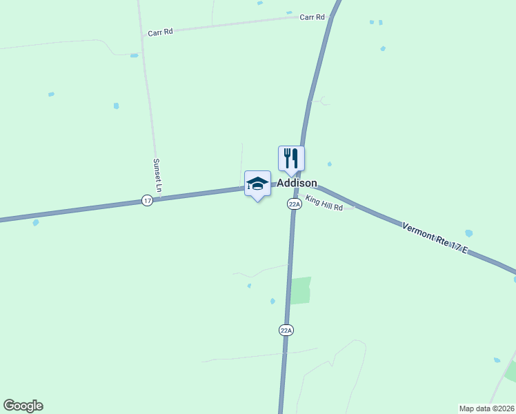 map of restaurants, bars, coffee shops, grocery stores, and more near 121 Vermont 17 in Addison