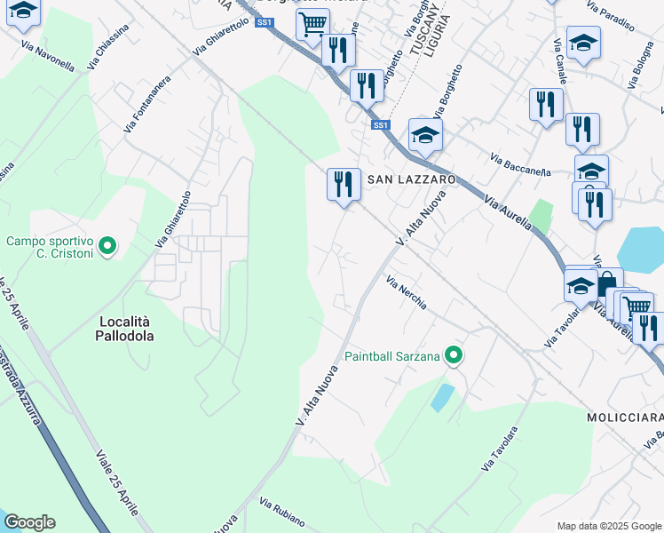 map of restaurants, bars, coffee shops, grocery stores, and more near 117 Via Alta Vecchia in Sarzana