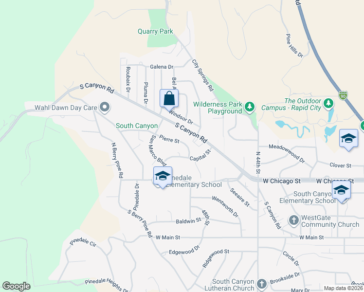 map of restaurants, bars, coffee shops, grocery stores, and more near 4741 Pierre Street in Rapid City
