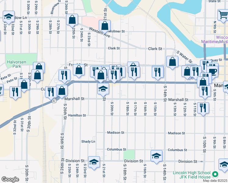 map of restaurants, bars, coffee shops, grocery stores, and more near 1025 South 20th Street in Manitowoc