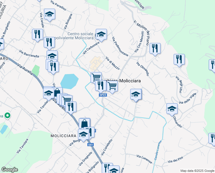 map of restaurants, bars, coffee shops, grocery stores, and more near 131 Via Salicello in Colombiera-molicciara
