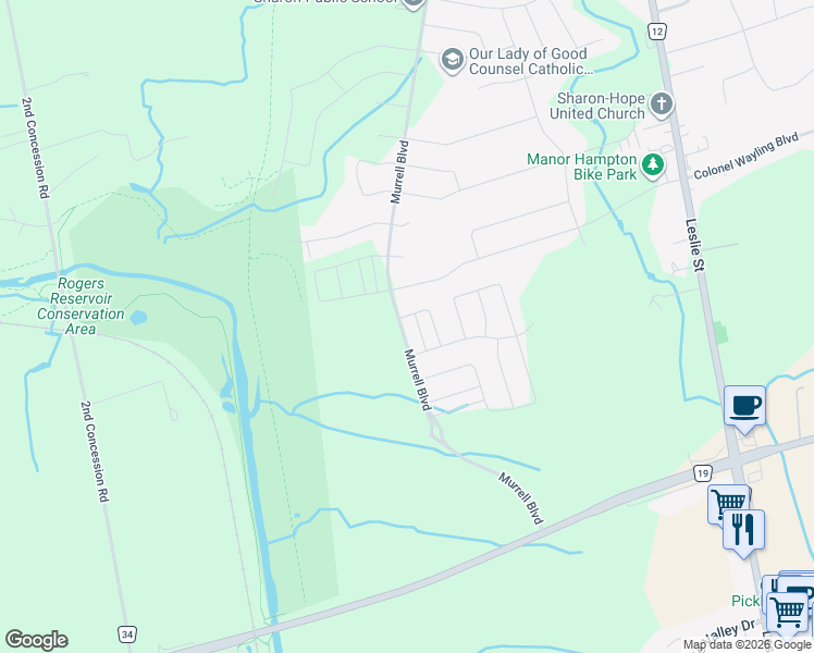 map of restaurants, bars, coffee shops, grocery stores, and more near 697 Murrell Boulevard in East Gwillimbury