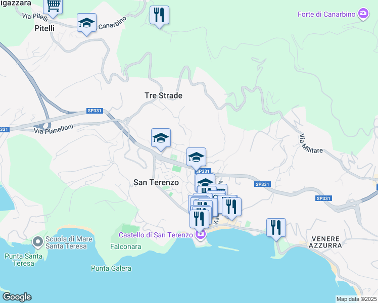map of restaurants, bars, coffee shops, grocery stores, and more near 5 Località Lizzo in Lerici