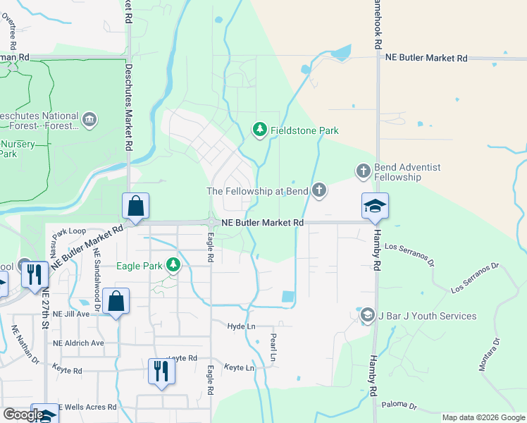 map of restaurants, bars, coffee shops, grocery stores, and more near 21444 Northeast Butler Market Road in Bend