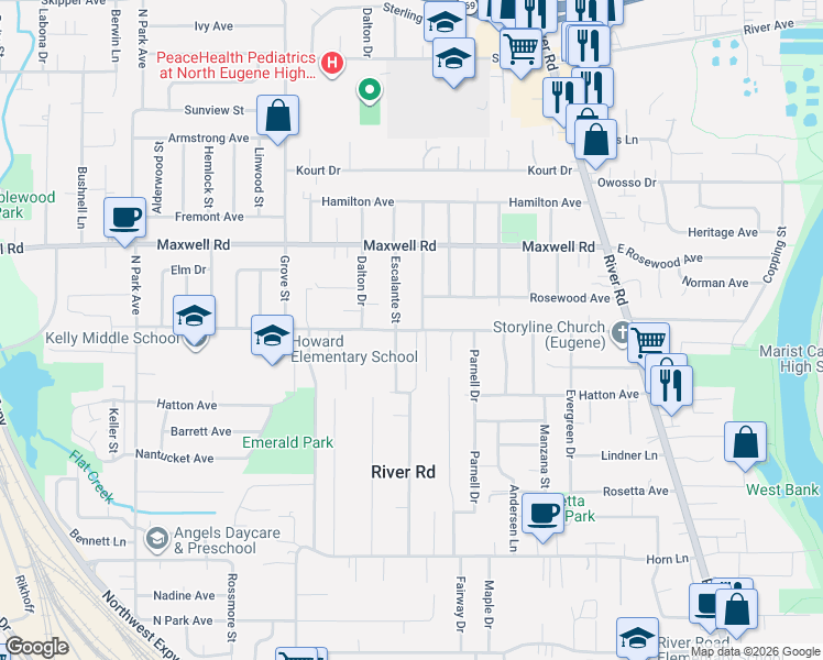map of restaurants, bars, coffee shops, grocery stores, and more near 449 Howard Avenue in Eugene