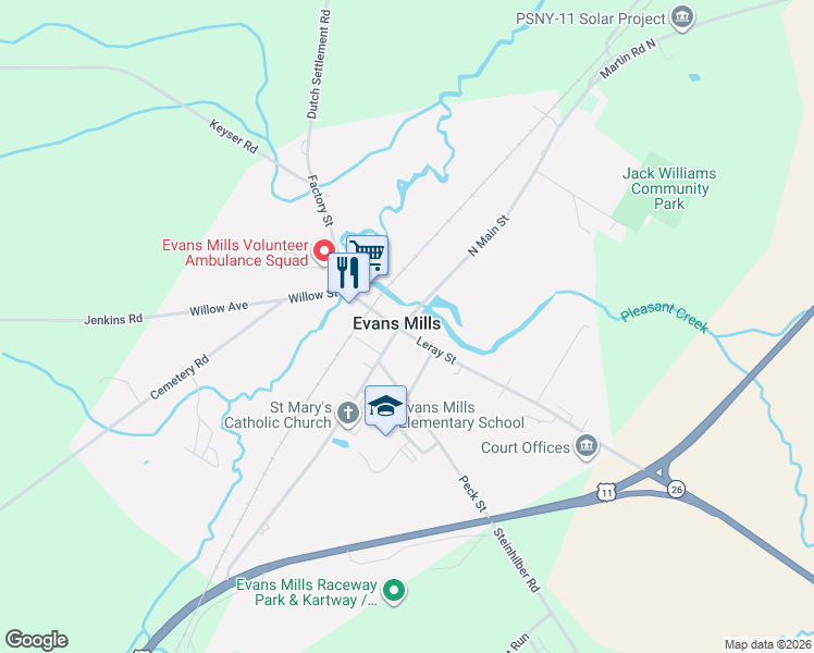 map of restaurants, bars, coffee shops, grocery stores, and more near 8483 Leray Street in Evans Mills