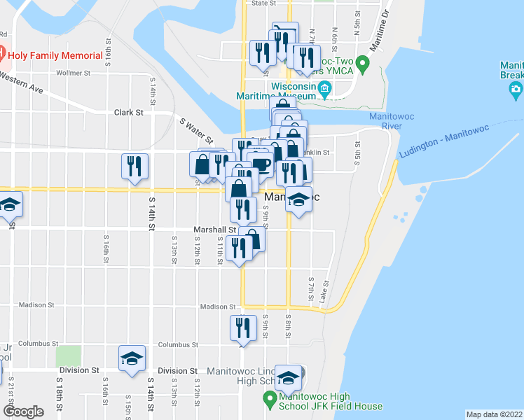 map of restaurants, bars, coffee shops, grocery stores, and more near 917 Hancock Street in Manitowoc
