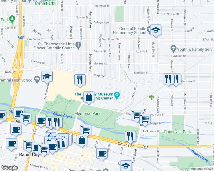map of restaurants, bars, coffee shops, grocery stores, and more near 302 Denver Street in Rapid City