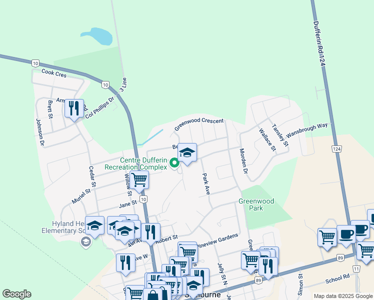 map of restaurants, bars, coffee shops, grocery stores, and more near 269 Berry Street in Shelburne