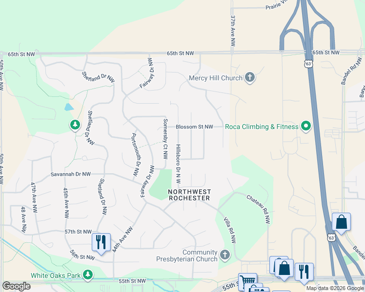map of restaurants, bars, coffee shops, grocery stores, and more near 6128 Hillsboro Drive North West in Rochester