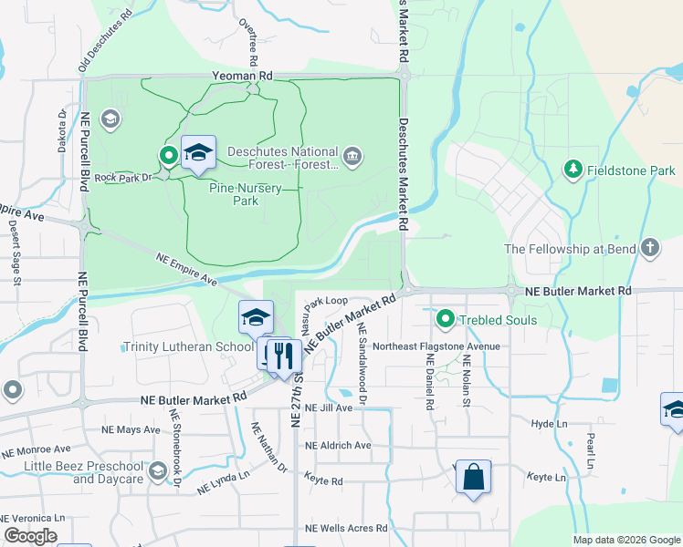 map of restaurants, bars, coffee shops, grocery stores, and more near 21242 Thornhill Lane in Bend