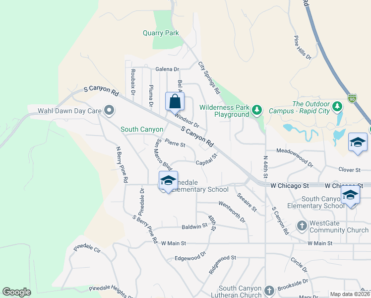 map of restaurants, bars, coffee shops, grocery stores, and more near 4741 Pierre Street in Rapid City