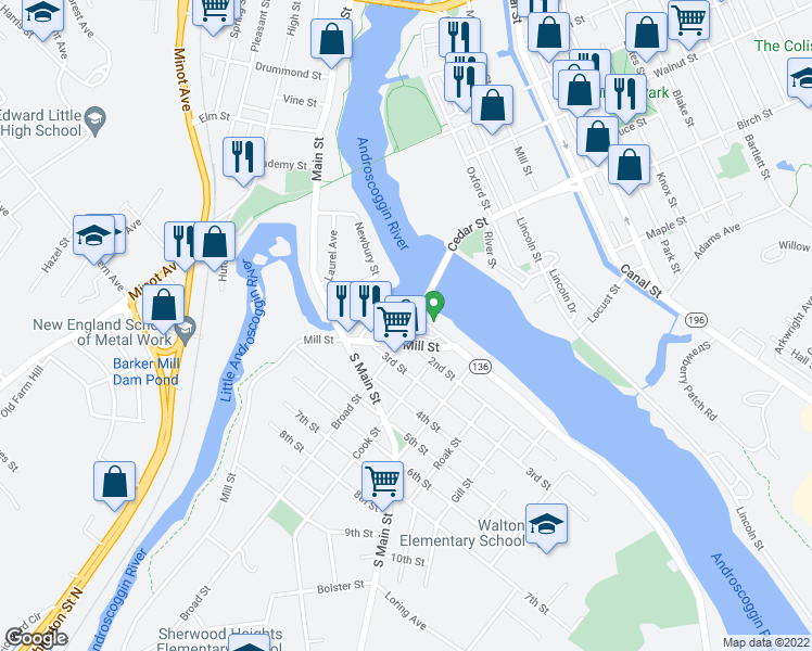map of restaurants, bars, coffee shops, grocery stores, and more near 41 Broad Street in Auburn