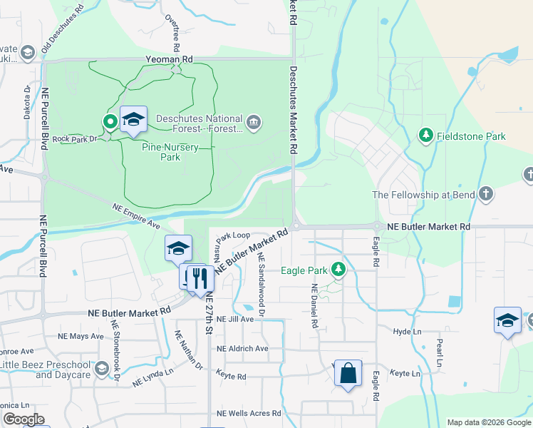 map of restaurants, bars, coffee shops, grocery stores, and more near 63012 Northeast Amherst Place in Bend