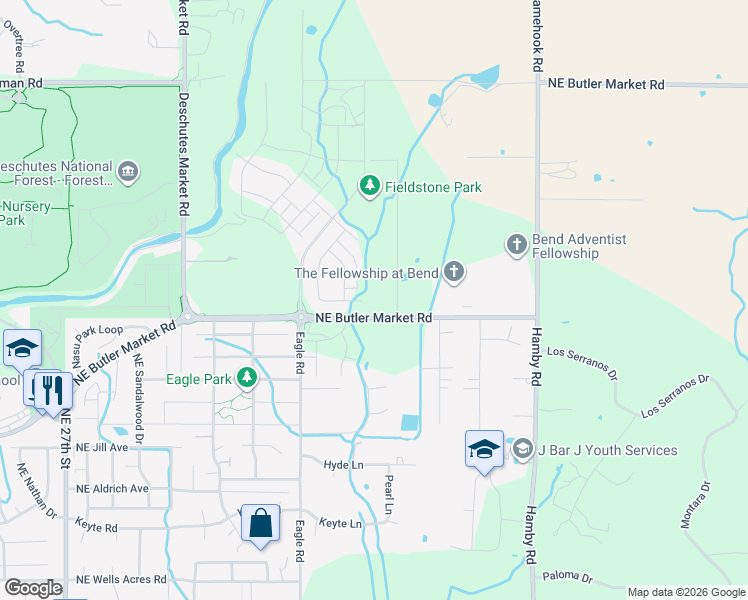 map of restaurants, bars, coffee shops, grocery stores, and more near 21444 Northeast Butler Market Road in Bend